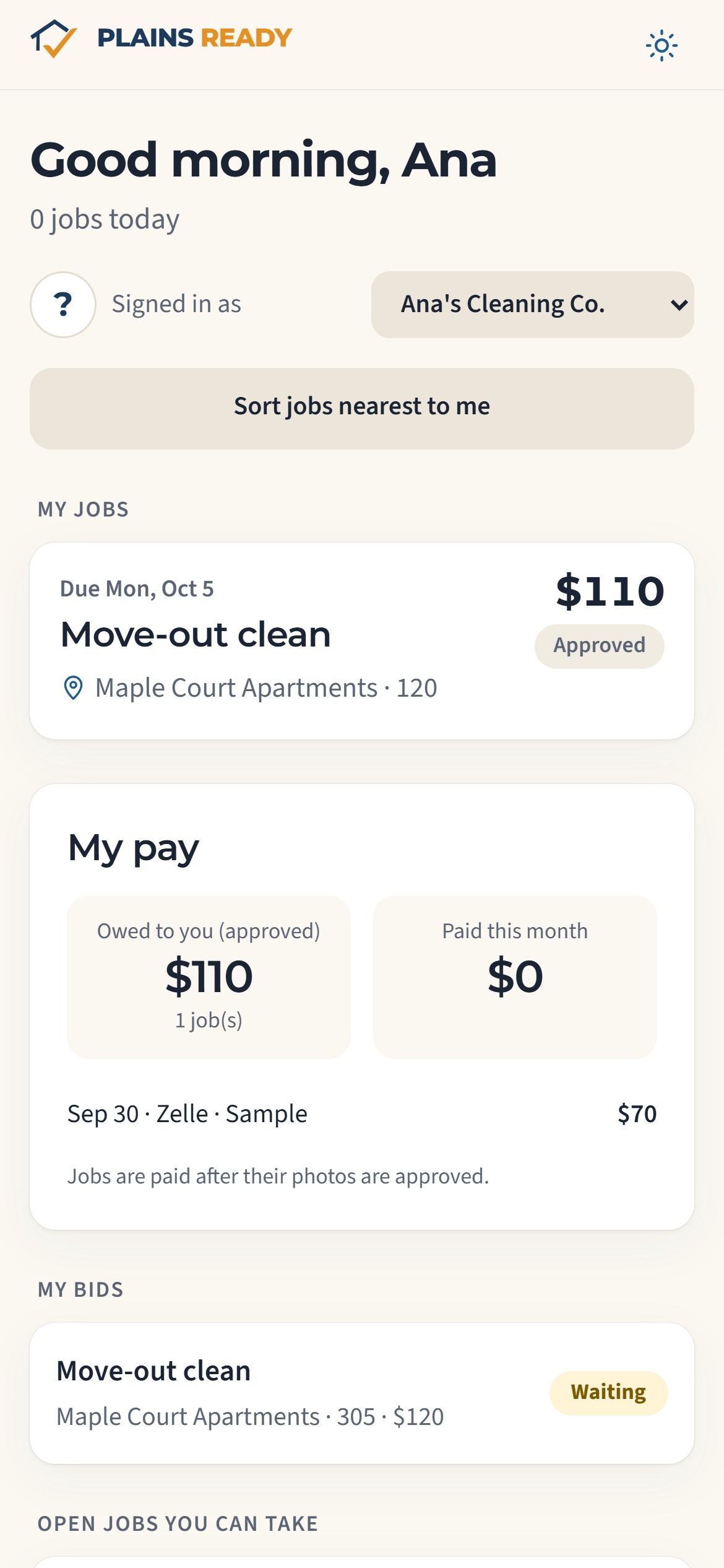 The crew app on a phone: today's jobs with the pay for each, and the crew's pay owed